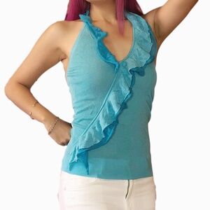 VINTAGE BEBE TURQUOISE SKY BLUE KNIT HALTER RUFFLED ADJUSTABLE Y2K